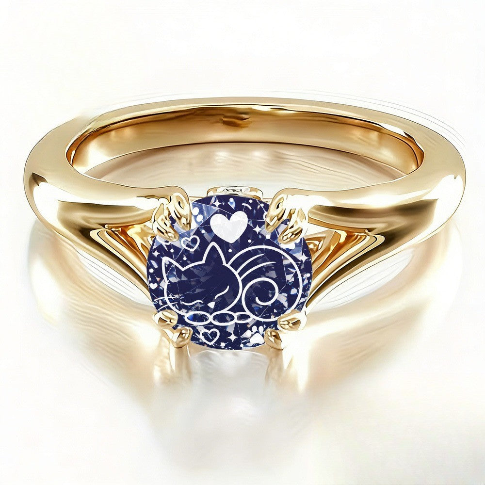 Blue Sleeping Cat & Heart Ring