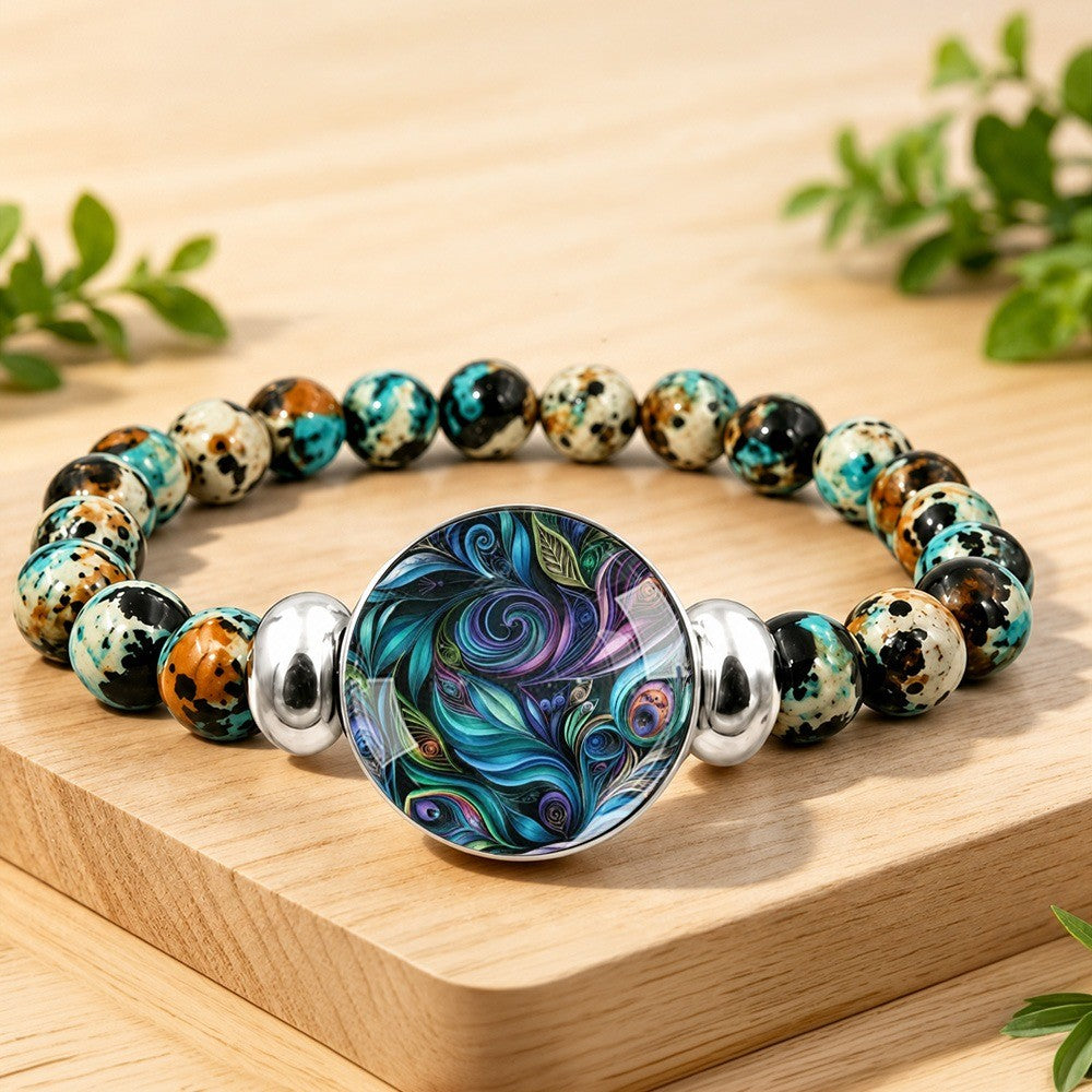 Peacock Feather Glass Bead Bracelet