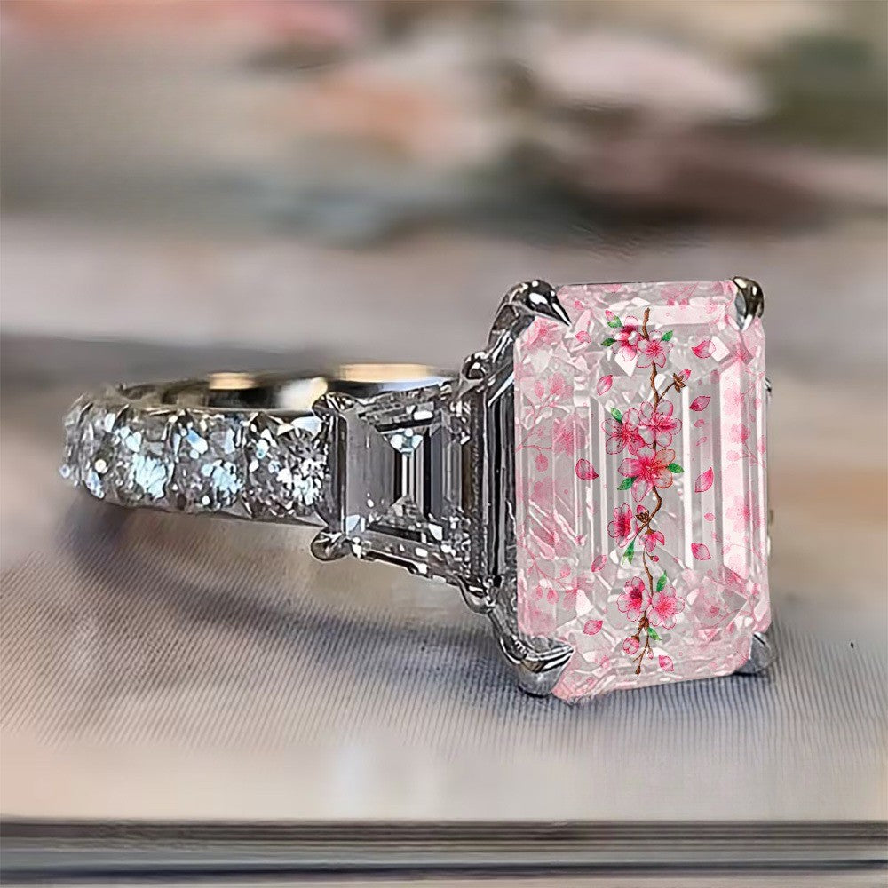 Pink Cherry Blossom Emerald Cut Ring