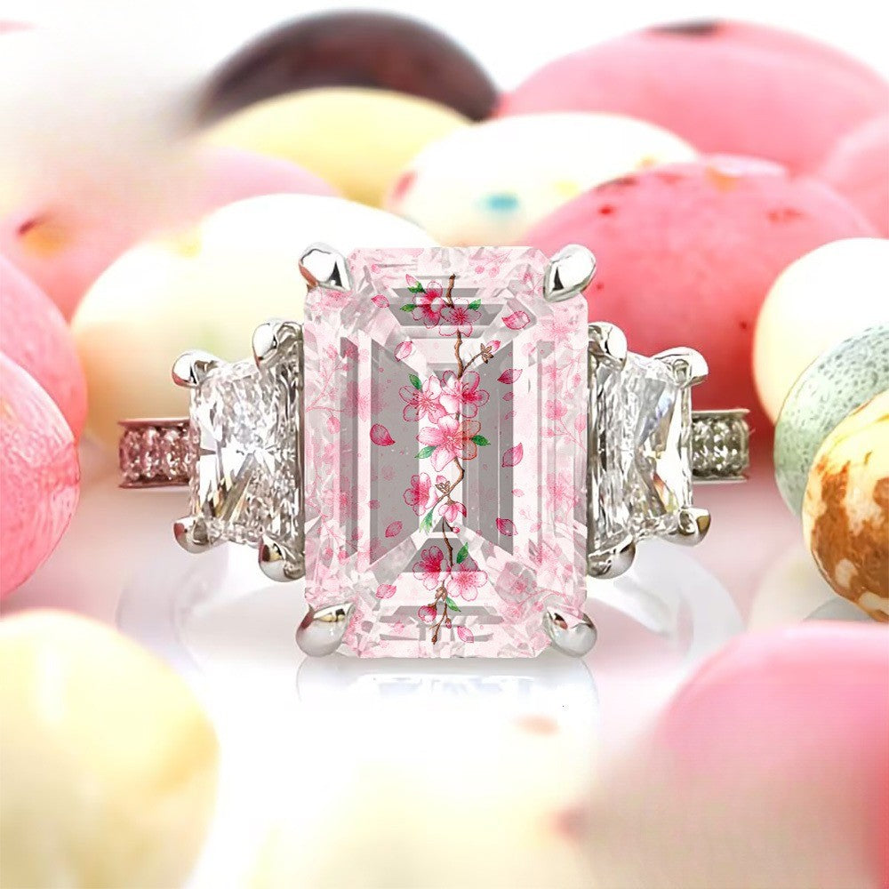 Pink Cherry Blossom Emerald Cut Ring