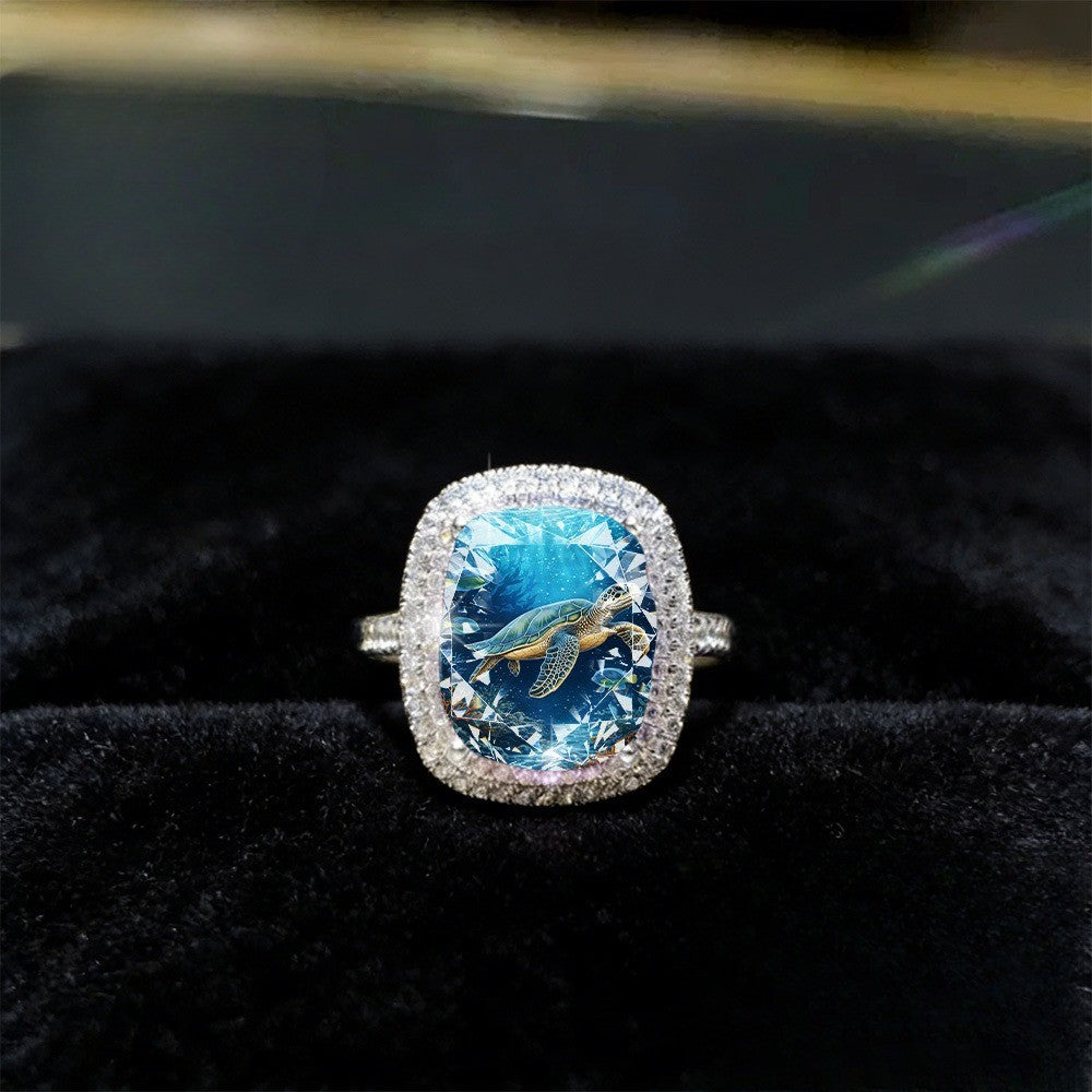 Sea Turtle Ocean Glass Square Ring