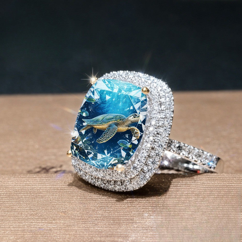 Sea Turtle Ocean Glass Square Ring