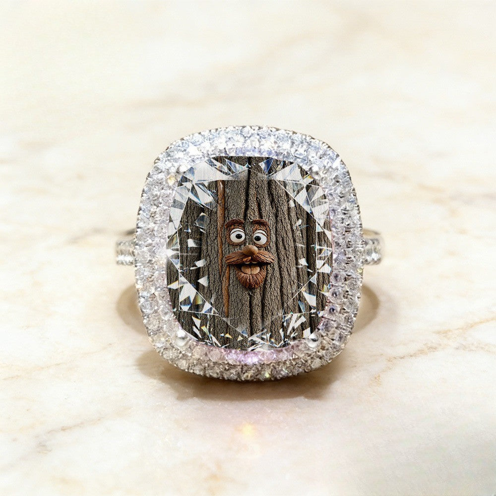 Carved Bark Face Square Ring