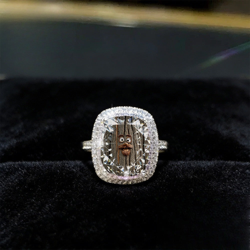 Carved Bark Face Square Ring