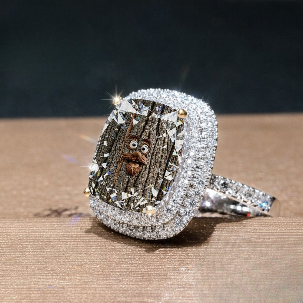 Carved Bark Face Square Ring