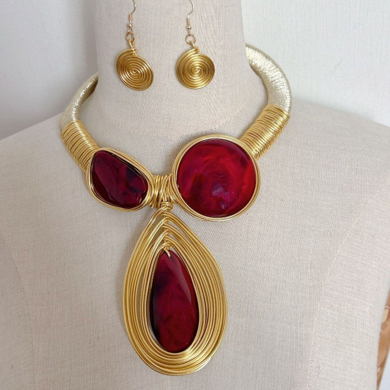 Red Stone Collar Necklace & Earring Set