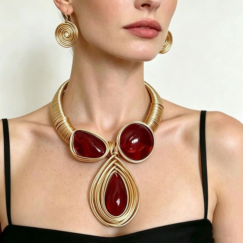Red Stone Collar Necklace & Earring Set