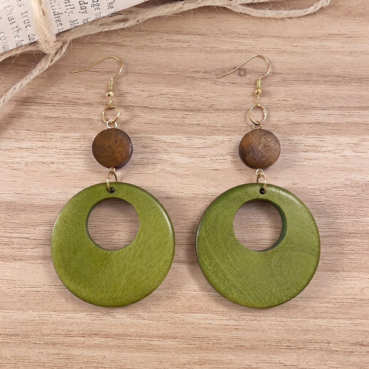 Wood Bead Hollow Circle Drop Earrings