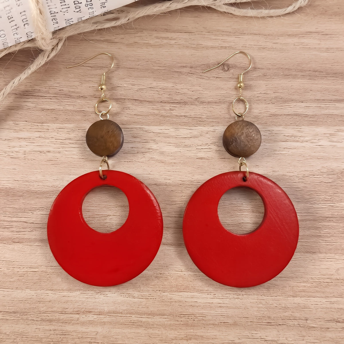 Wood Bead Hollow Circle Drop Earrings