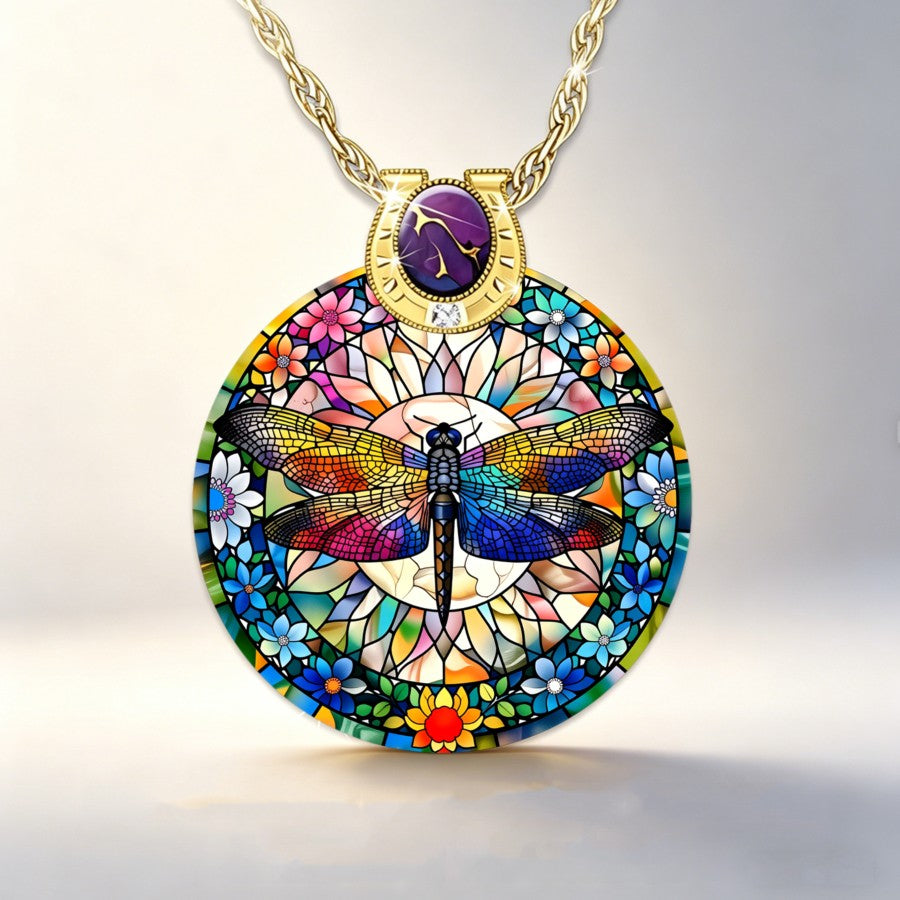 Rainbow Dragonfly Floral Pendant Necklace