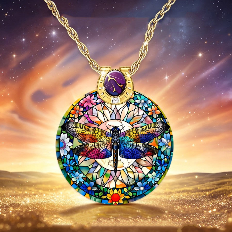 Rainbow Dragonfly Floral Pendant Necklace