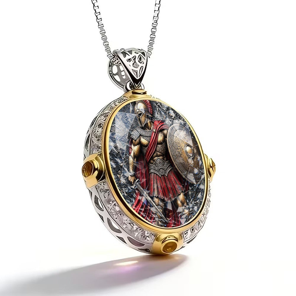 Armored Warrior Oval Pendant Necklace