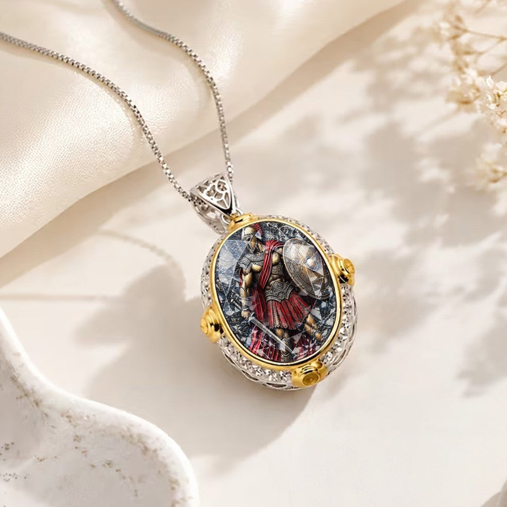 Armored Warrior Oval Pendant Necklace