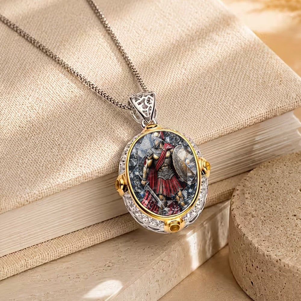 Armored Warrior Oval Pendant Necklace