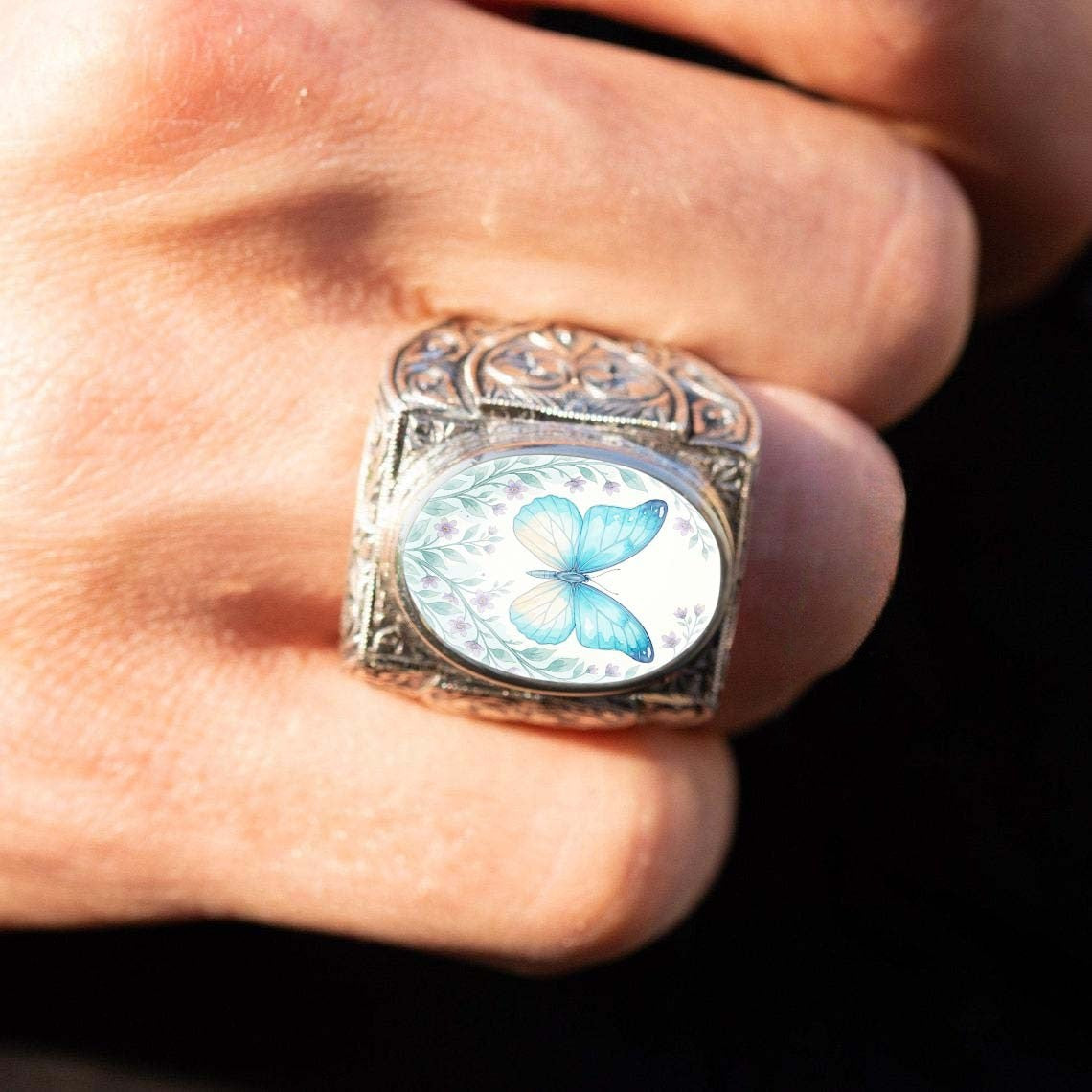 Blue Butterfly Oval Ring