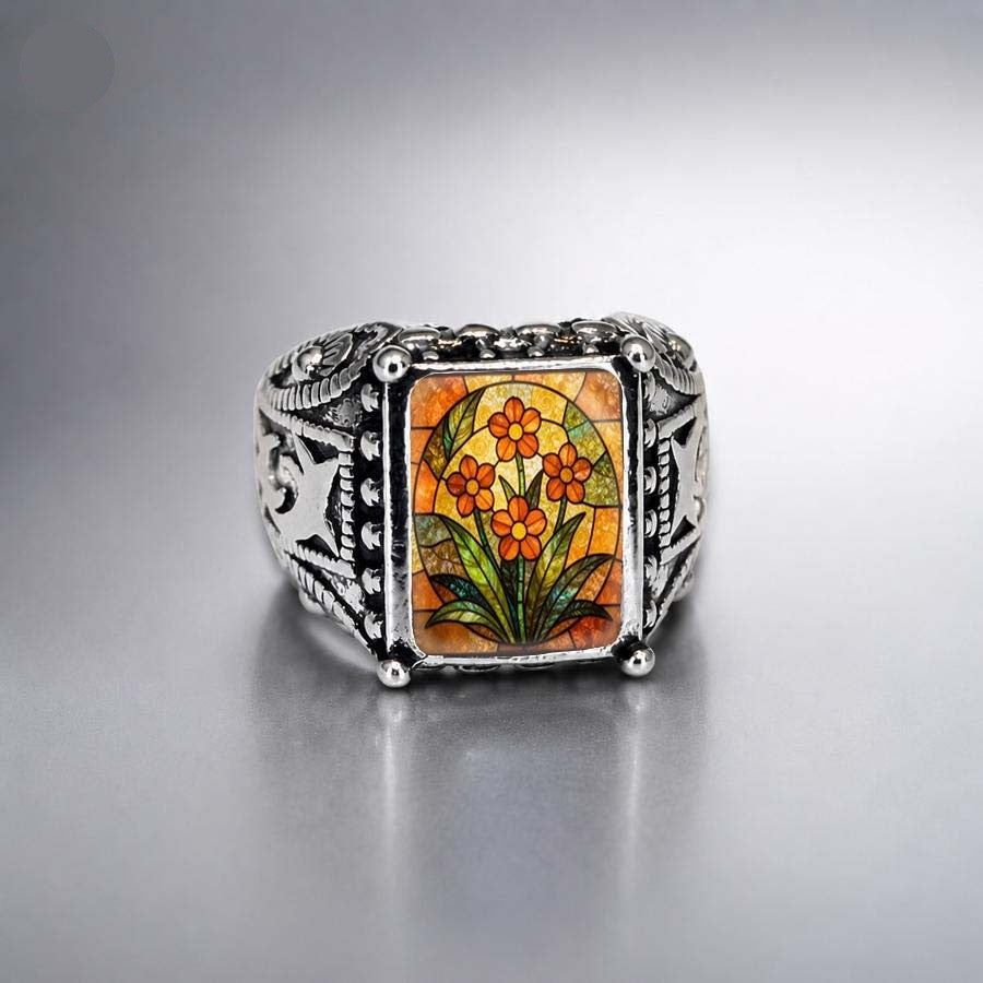 Orange Floral Stained Glass Ring