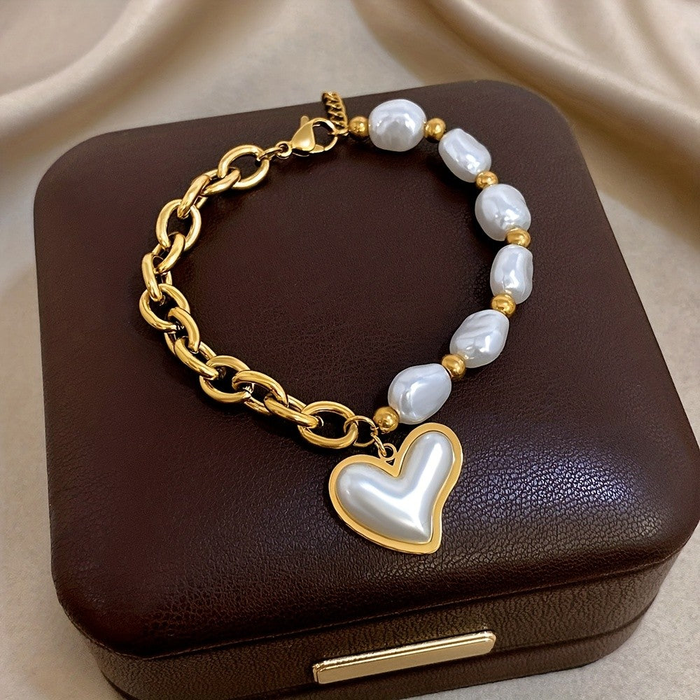 Irregular Pearl & Heart Charm Bracelet
