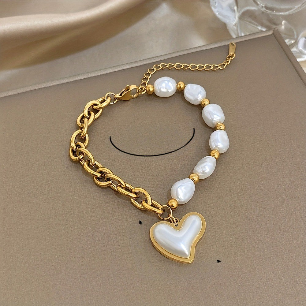 Irregular Pearl & Heart Charm Bracelet