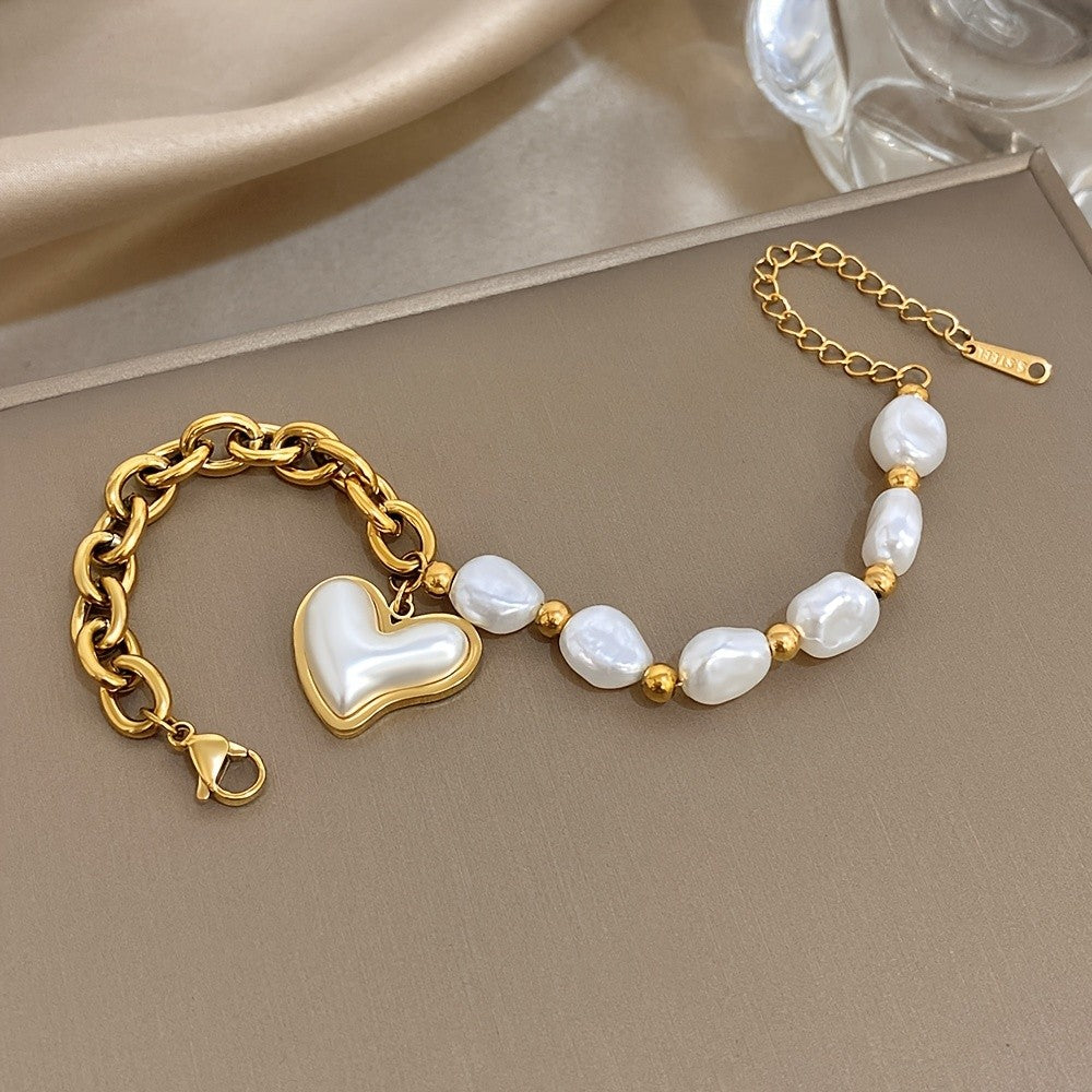 Irregular Pearl & Heart Charm Bracelet