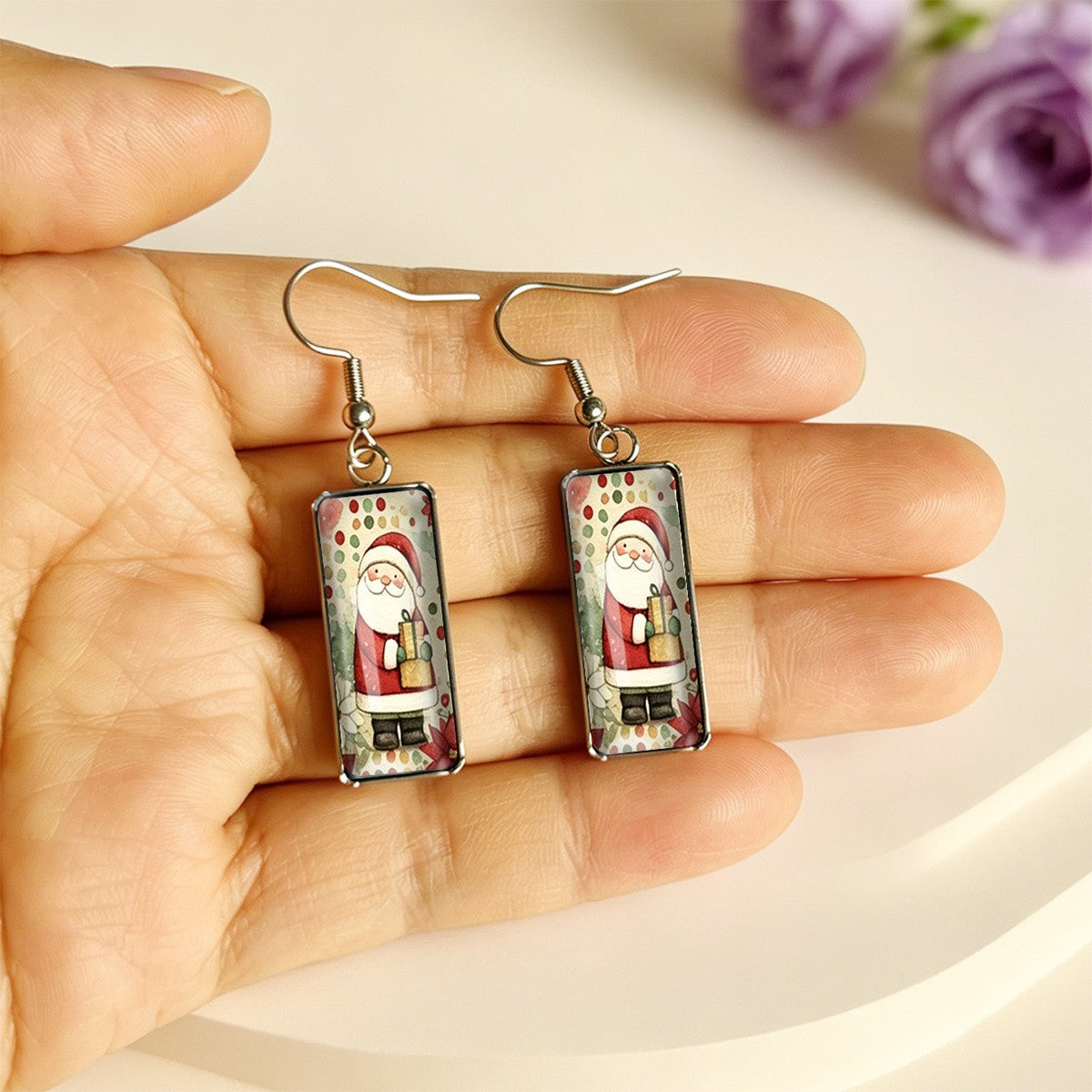 Santa Claus Polka Dot Rectangular Earrings