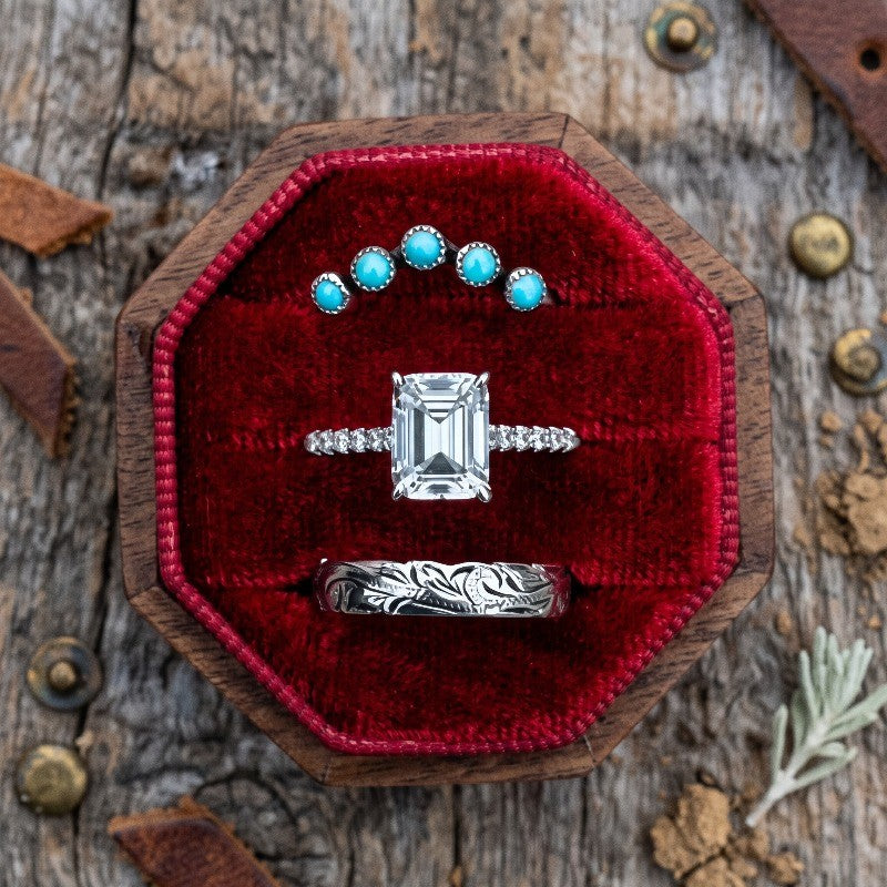 Emerald Cut & Turquoise Ring Set