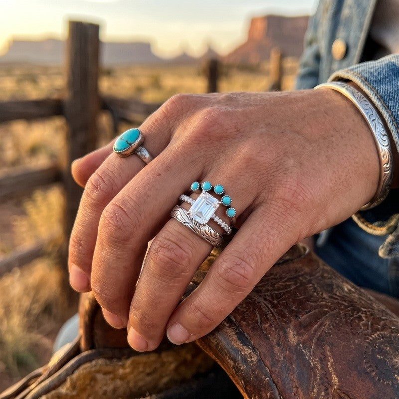 Emerald Cut & Turquoise Ring Set
