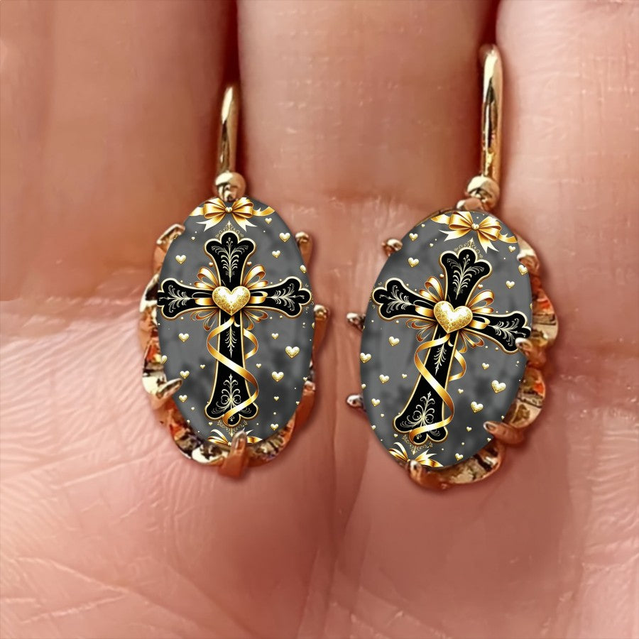 Grey Glass Cross Drop Earrings