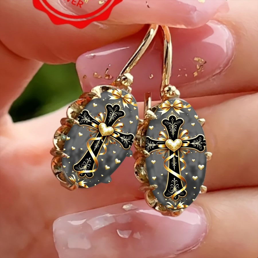 Grey Glass Cross Drop Earrings