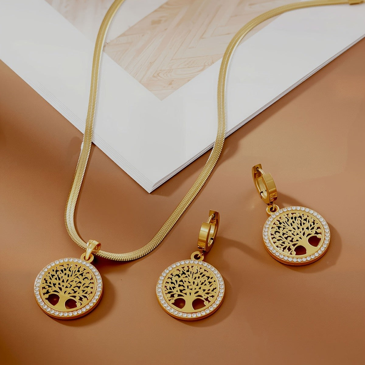 Round Crystal Tree of Life Necklace & Earring Set