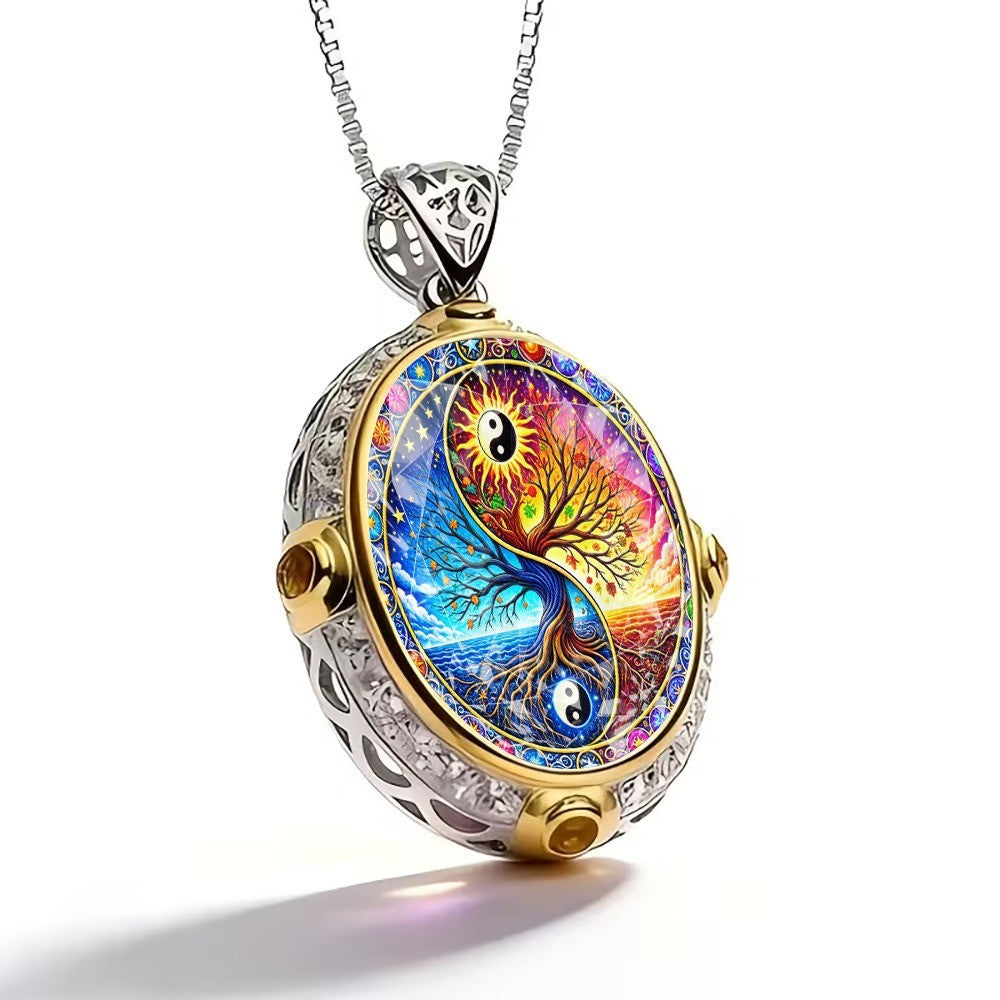 Colorful Yin Yang Tree Oval Pendant Necklace