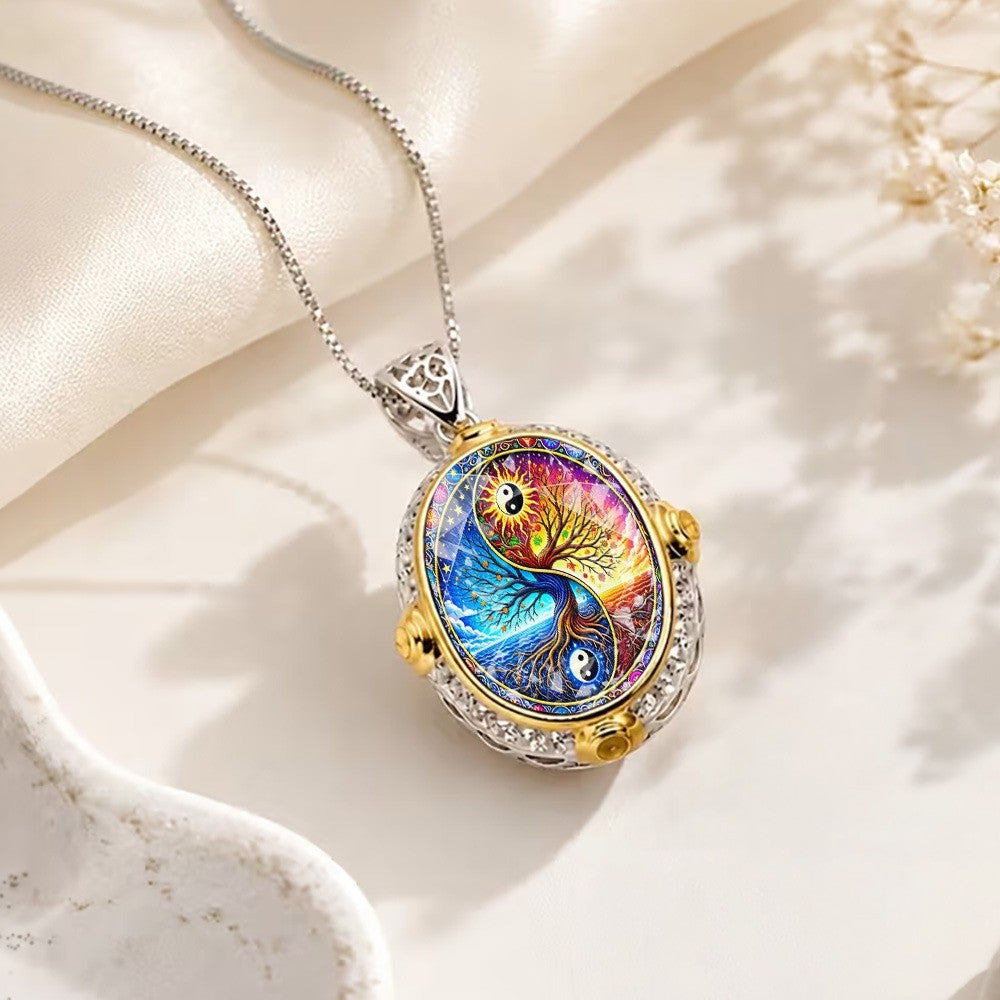 Colorful Yin Yang Tree Oval Pendant Necklace