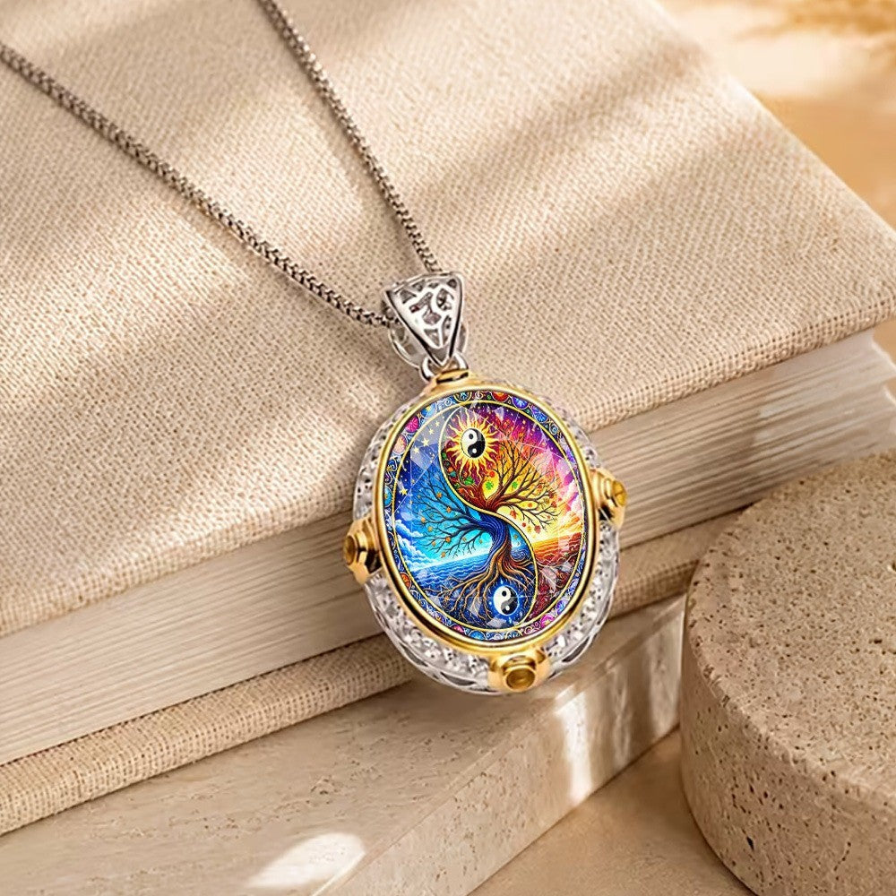 Colorful Yin Yang Tree Oval Pendant Necklace