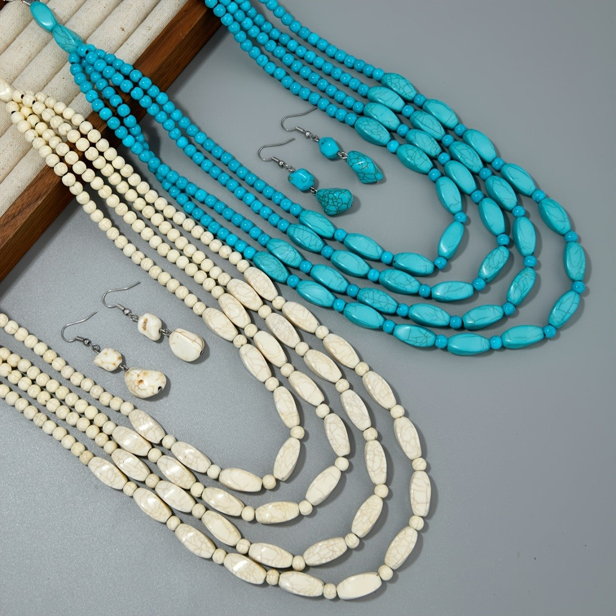 Layered Oval Bead Necklace & Earring Set