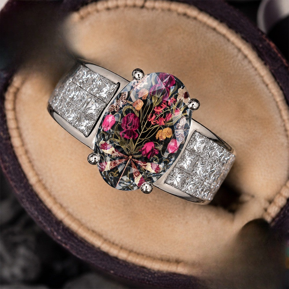Dark Floral Dragonfly Oval Ring