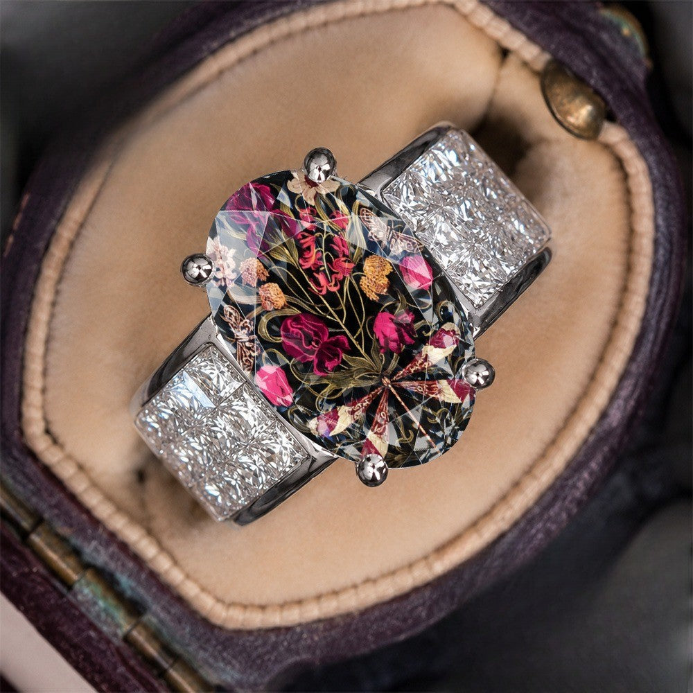Dark Floral Dragonfly Oval Ring