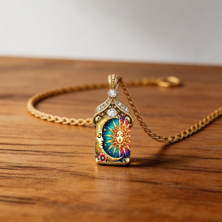 Celestial Sun & Moon Square Pendant Necklace