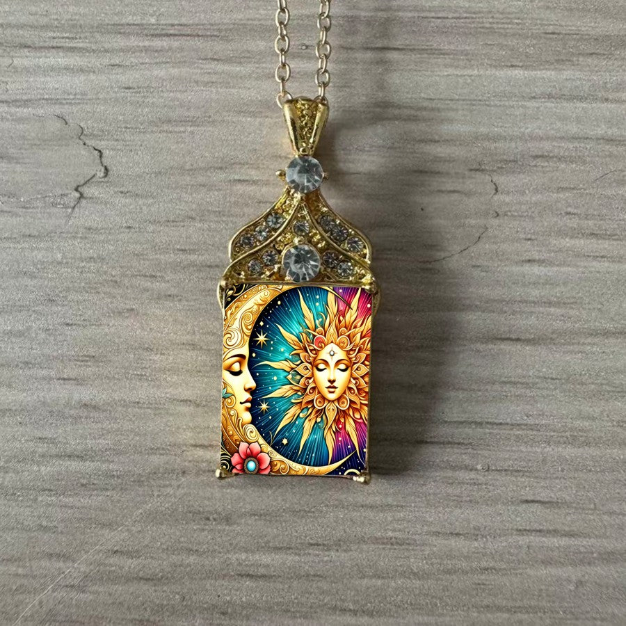 Celestial Sun & Moon Square Pendant Necklace