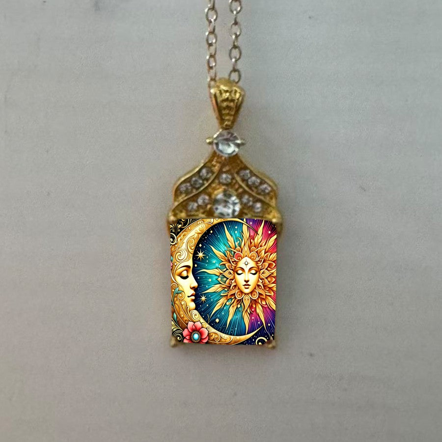 Celestial Sun & Moon Square Pendant Necklace