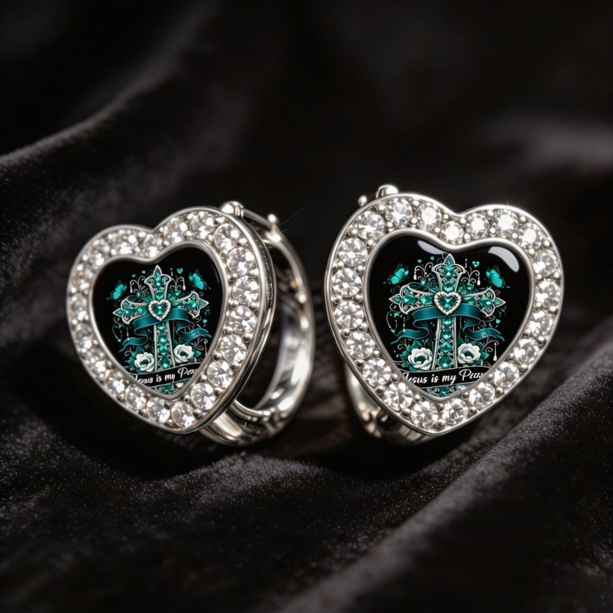 Teal Cross Heart Huggie Earrings