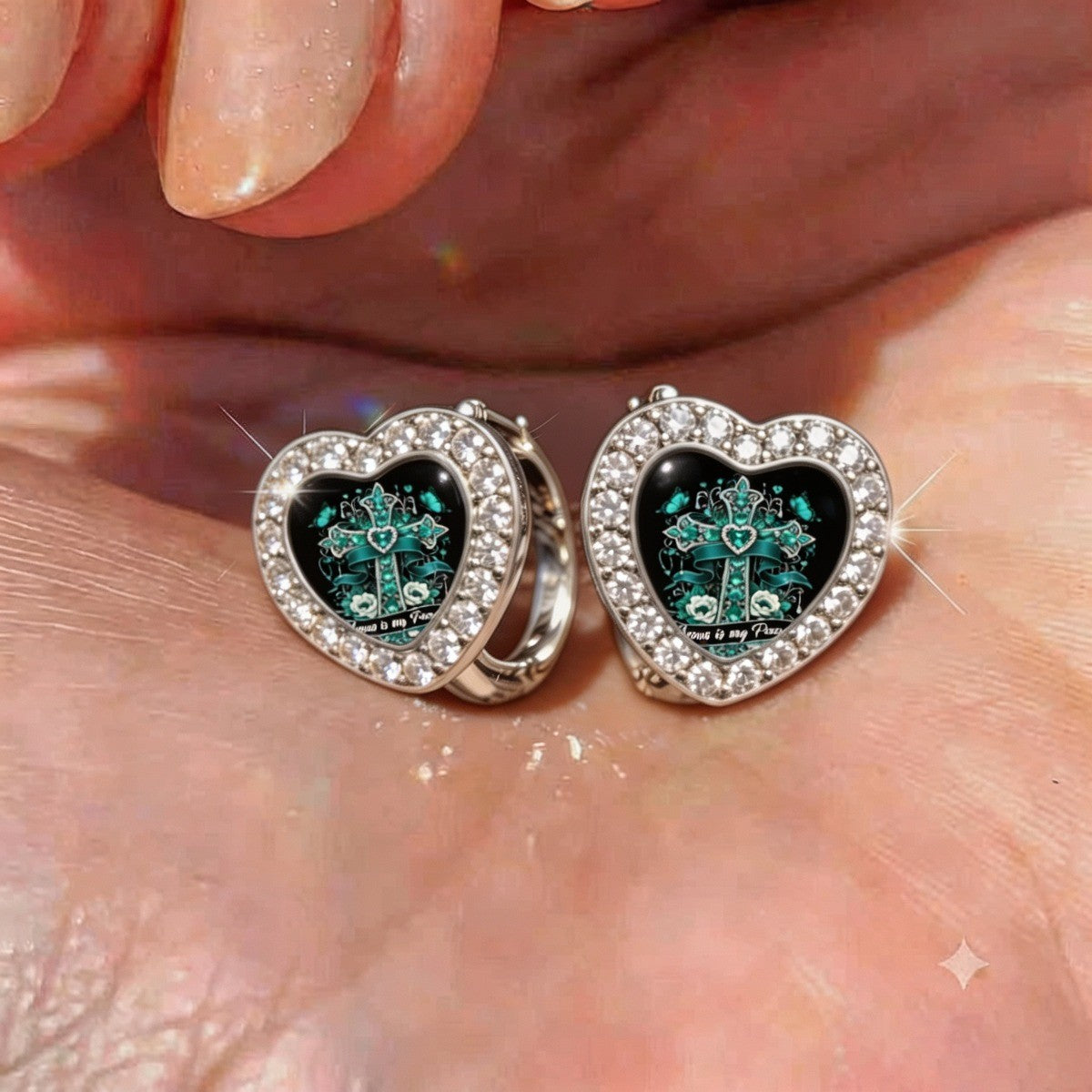 Teal Cross Heart Huggie Earrings