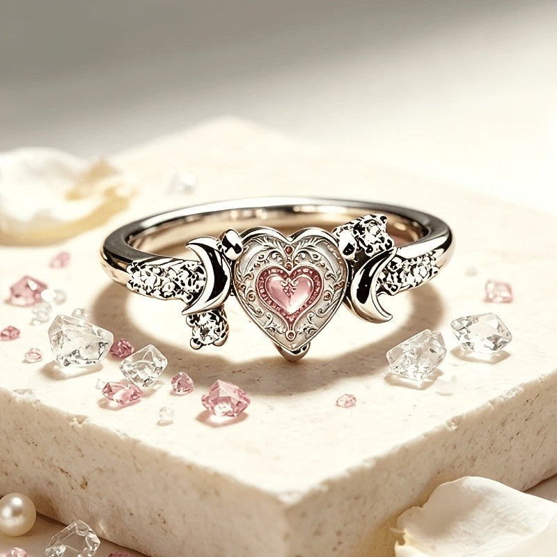 Ornate Heart & Moon Ring