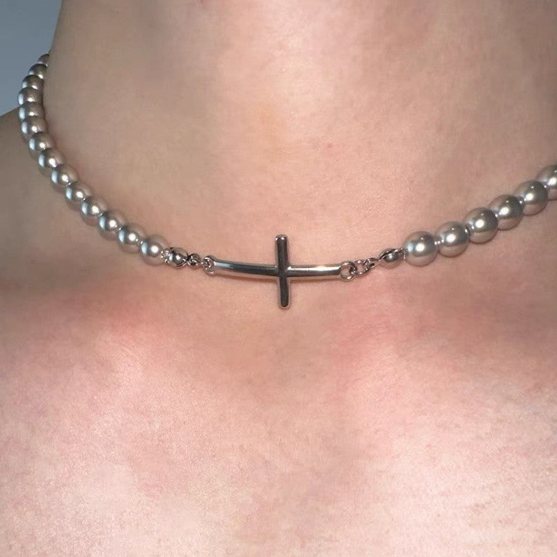 White & Gray Bead Cross Necklace