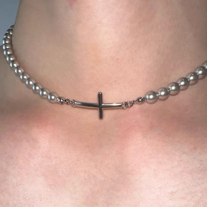 White & Gray Bead Cross Necklace