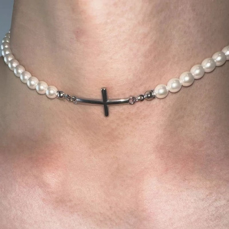 White & Gray Bead Cross Necklace