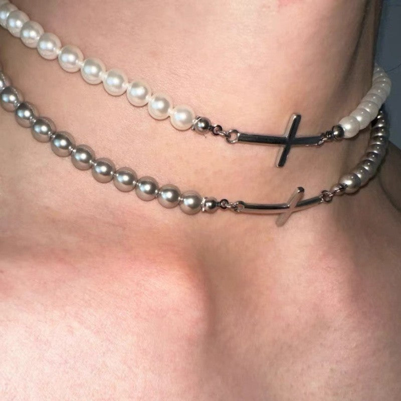 White & Gray Bead Cross Necklace
