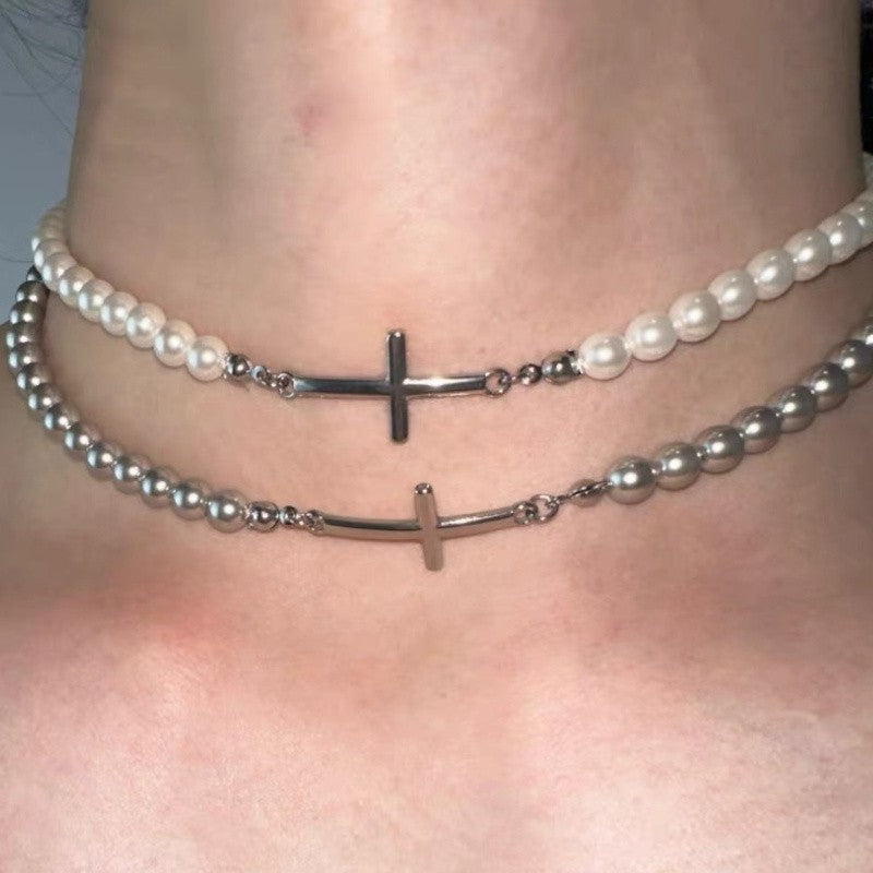 White & Gray Bead Cross Necklace