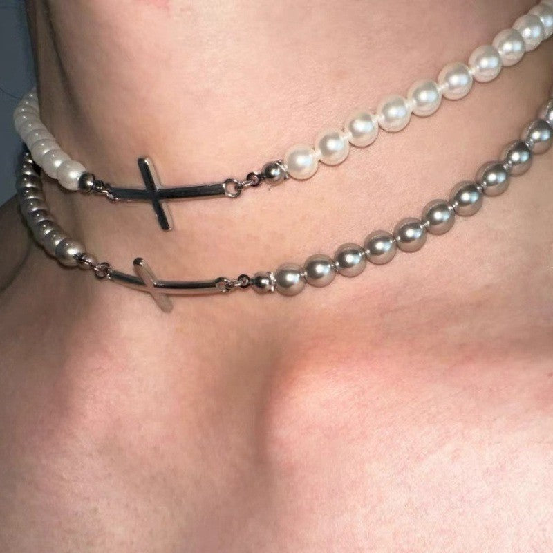 White & Gray Bead Cross Necklace