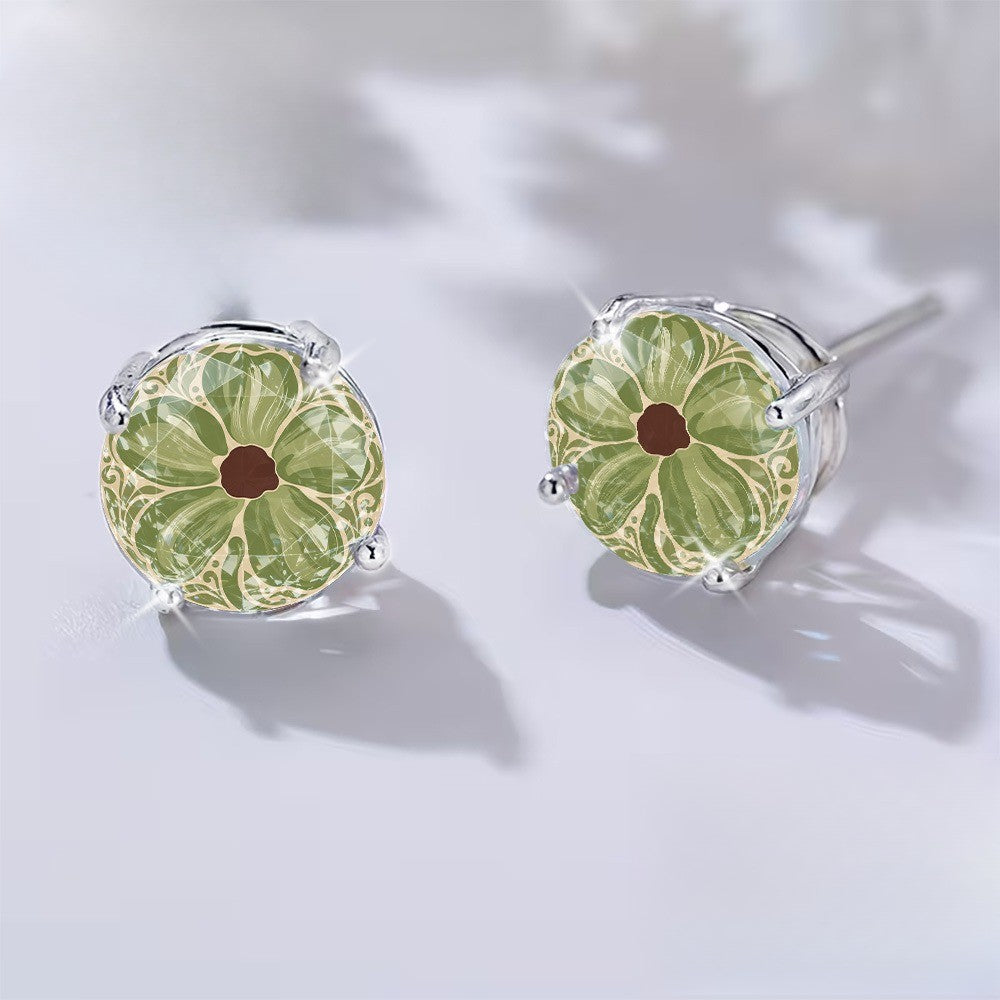 Green Mosaic Floral Stud Earrings