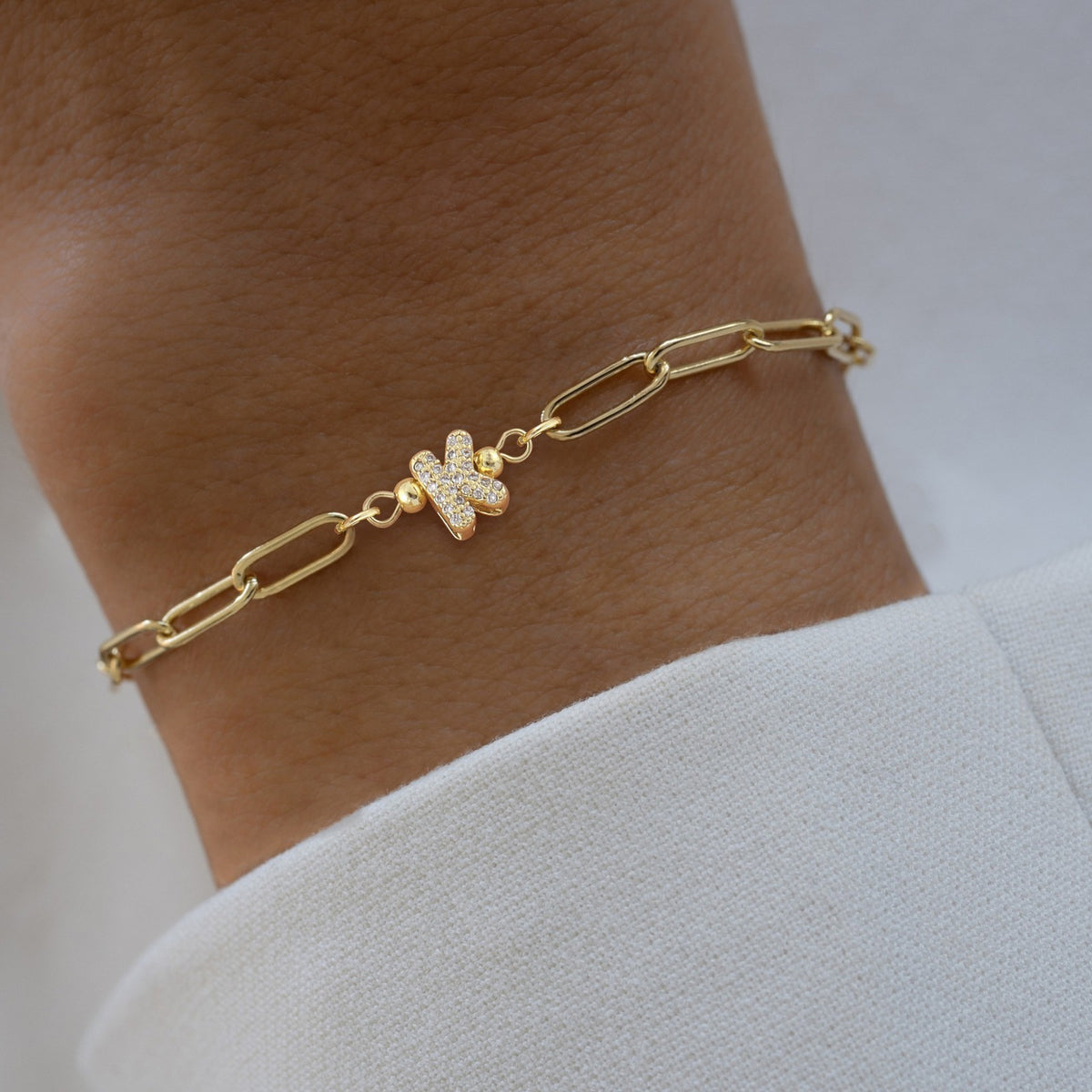 Gold Crystal Initial Paperclip Bracelet