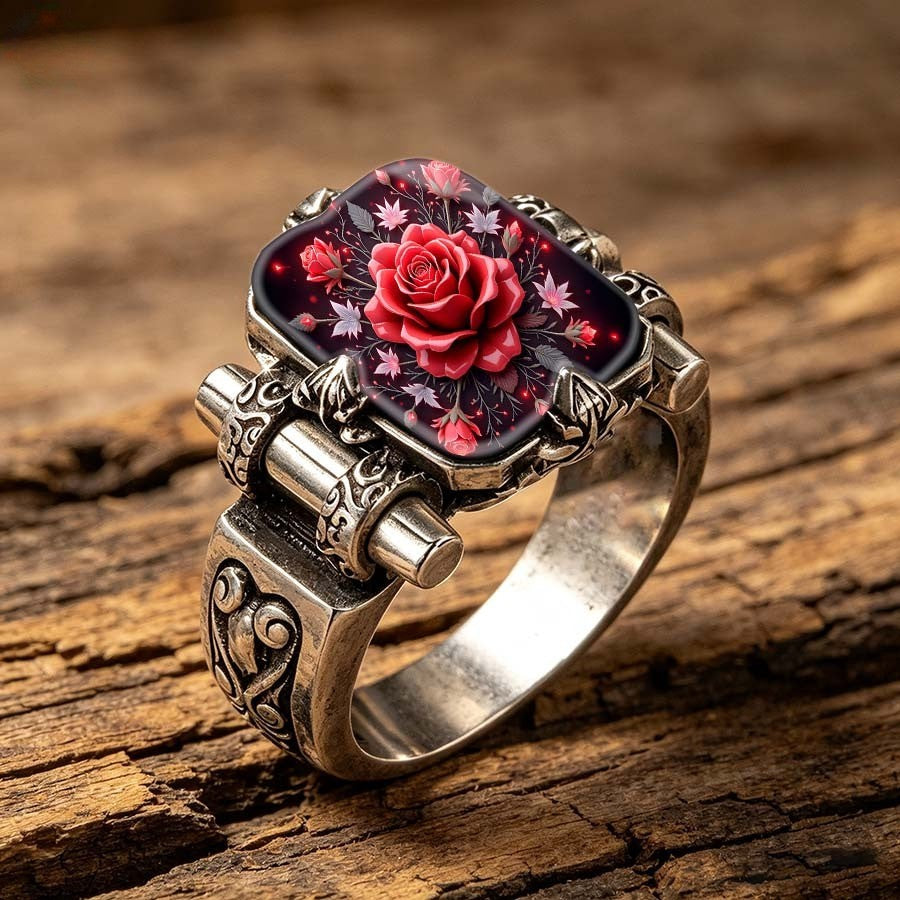 Red Rose Floral Square Ring